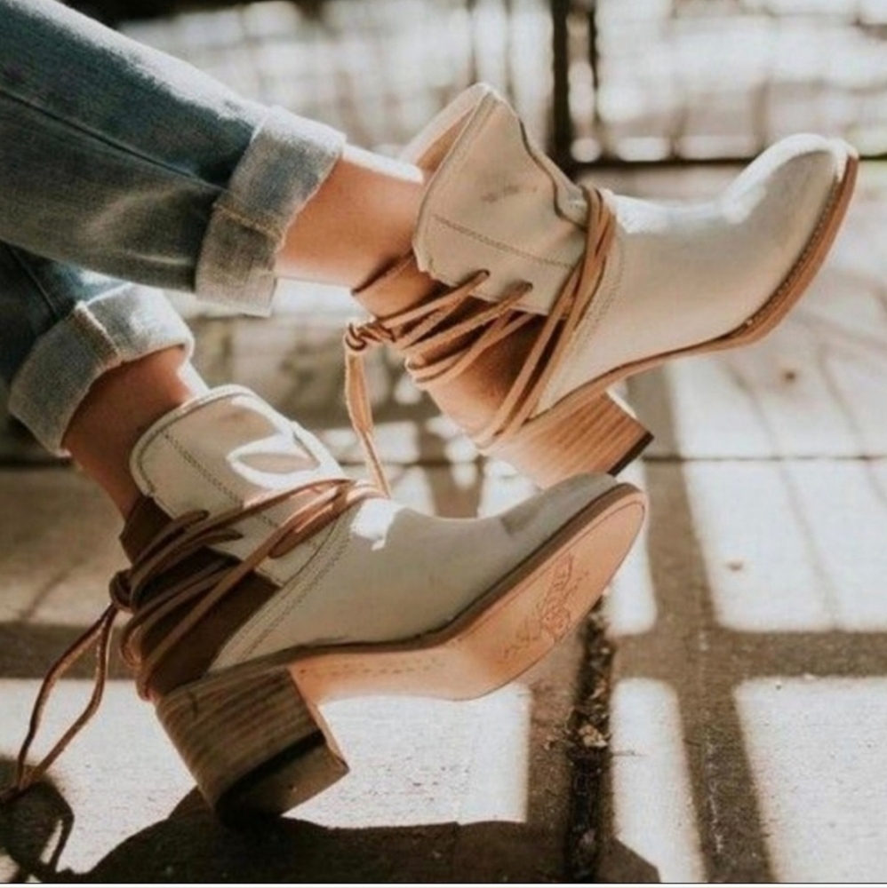 Women's Cream Ankle Boots with Tan Wrap Laces